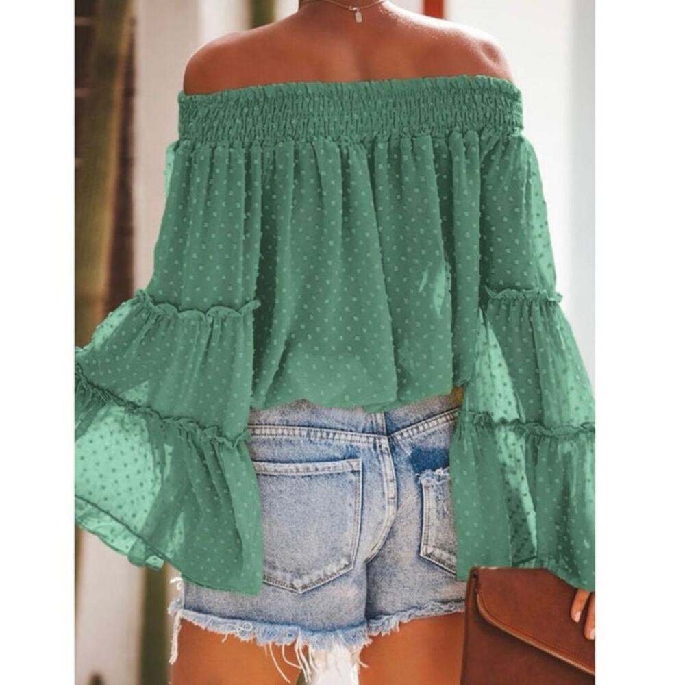 NEW Ninexis Sage Green Swiss Dot Off Shoulder Smocked Sleeve Summer Top Small - Picture 7 of 15